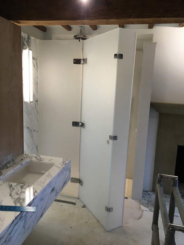 Bespoke frosted glass shower enclosure in Kentish Town luxury bathroom
